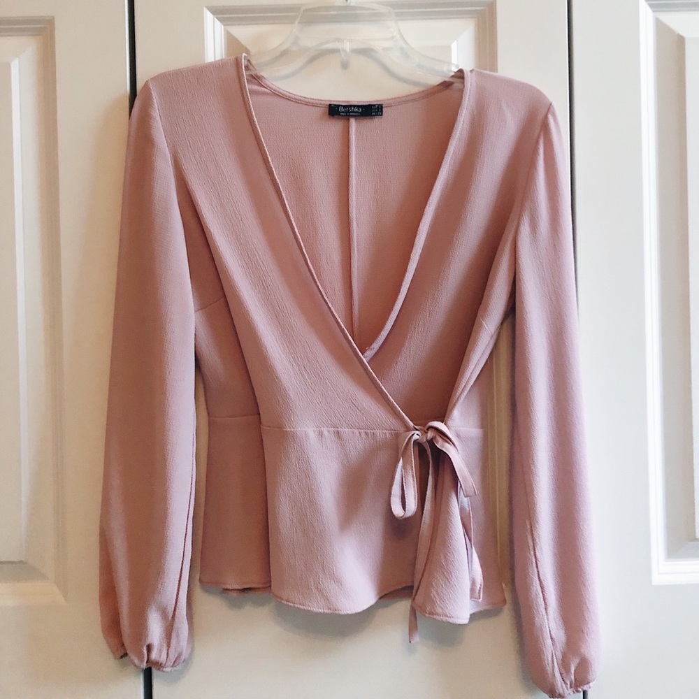 Baby pink Bershka tie wrap shirt blouse